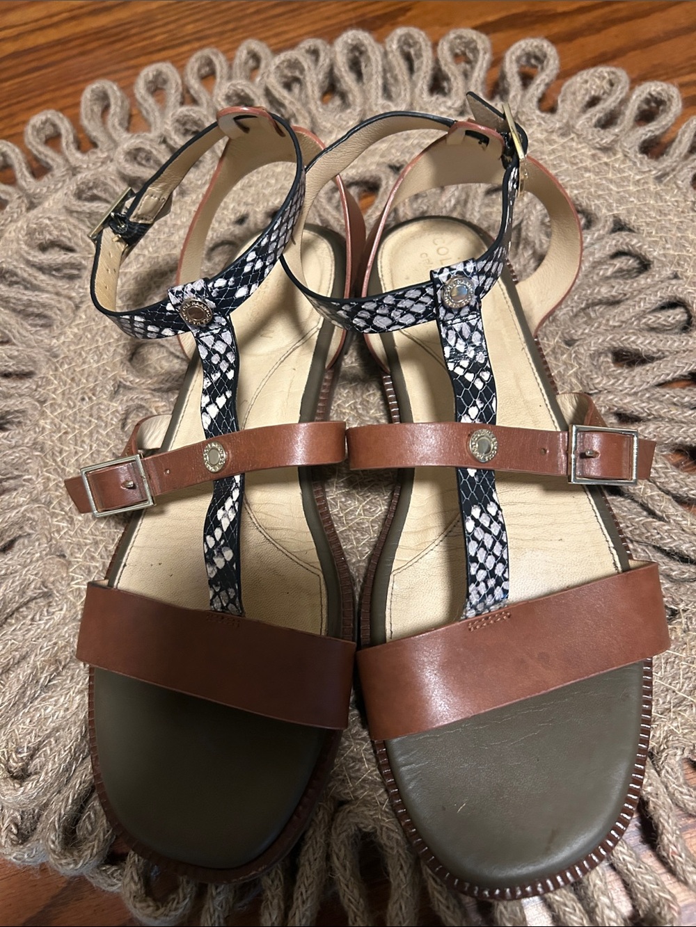 Cole Haan Brown Leather & Black White Snake-Print T-Strap Sandals